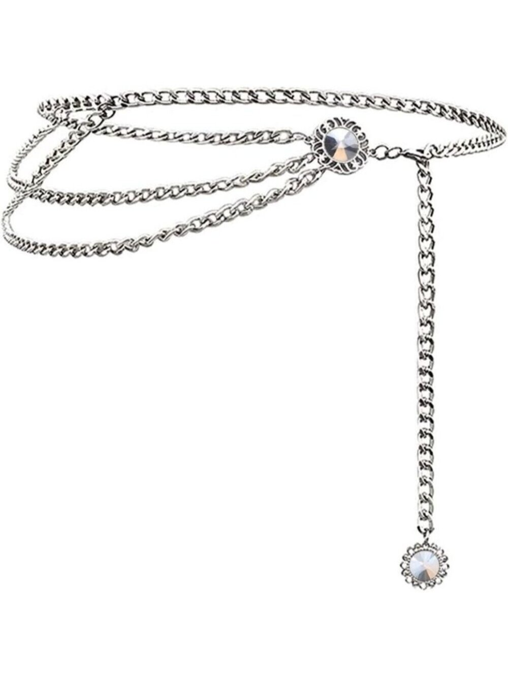 Women's Crystal Silver Multi-layer Metal Waist Chain Dress Belts Metal Belt